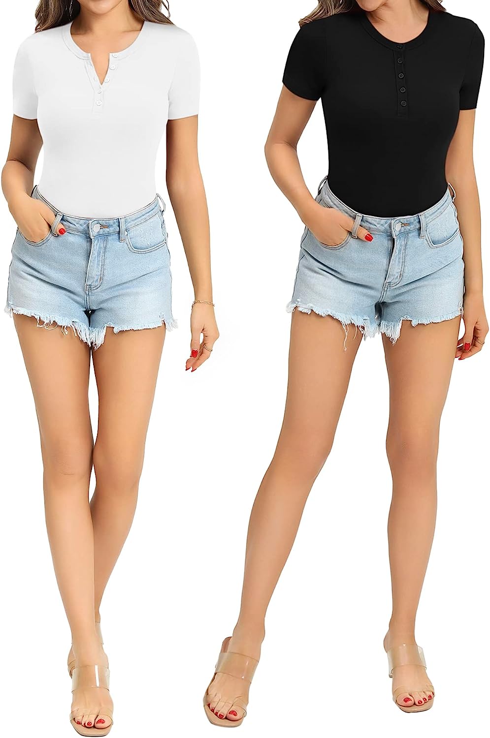 MANGOPOP Women's Round Neck Button Down Short Sleeve Long Sleeve Bodysuit Slim Fit Tops - Image 4